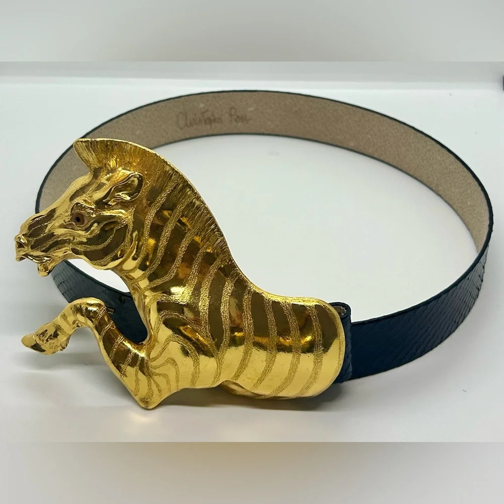 Christopher Ross Vintage Signed 24K Gold Plated Zebra Navy Blue Snakeskin Belt